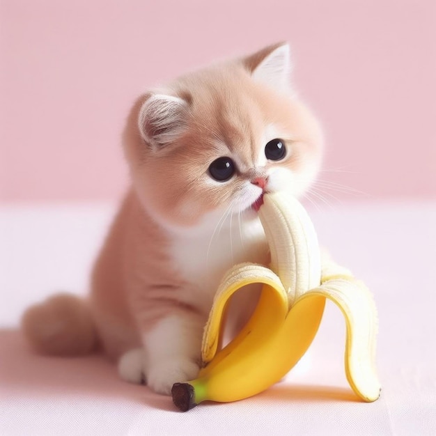 Cute fluffy kitten eating banana on a pink neutral background