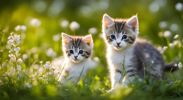 小さな花が咲く草の中のかわいいふわふわの子猫