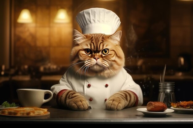 Cute fluffy kitty Cat Chef with costume ready to cooking for dinner in kitchen room Generative Ai