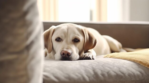 Cute fluffy Labrador Retriever laying on sofa at home Generative Ai