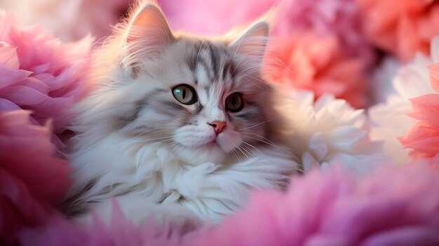 cute fluffy persian cat with white flowers