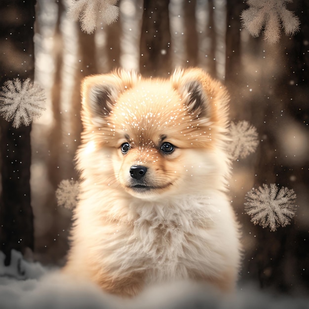 Cute fluffy puppy in a snowy forest Illustration generated by AI