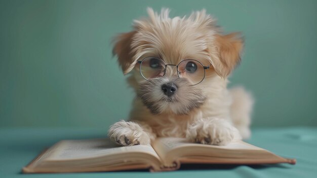 眼鏡をかぶったかわいいふわふわの子犬が本を読んでいる 試験の準備と卒業 AIが生成した