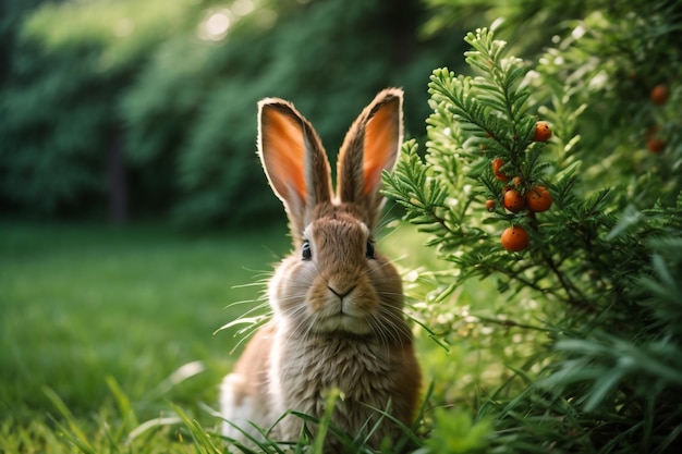 Cute fluffy rabbit on green grass outdoors