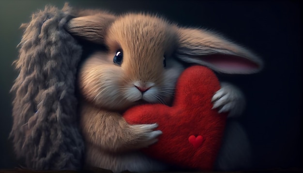 Cute fluffy rabbit hugging a heart illustration heartwarming scene perfect for expressing love and affection