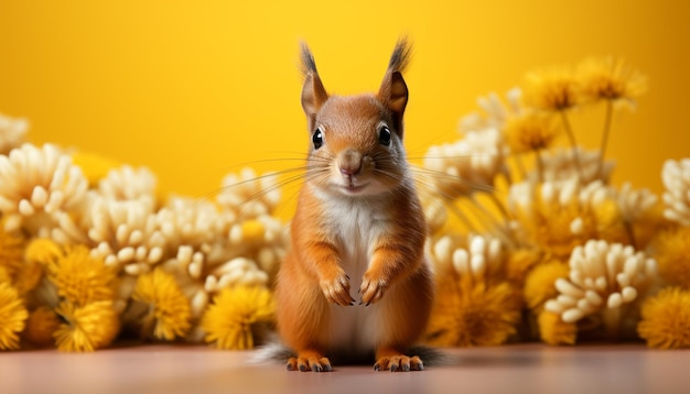 Cute fluffy rabbit sitting on grass looking at flower generated by artificial intelligence