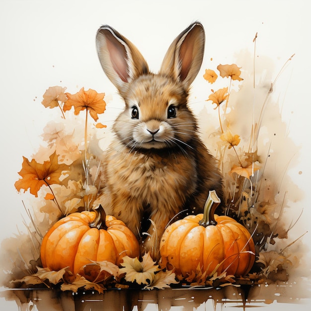 Cute fluffy rabbit with pumpkins Watercolor drawing of a rabbit on autumn pumpkins generative ai