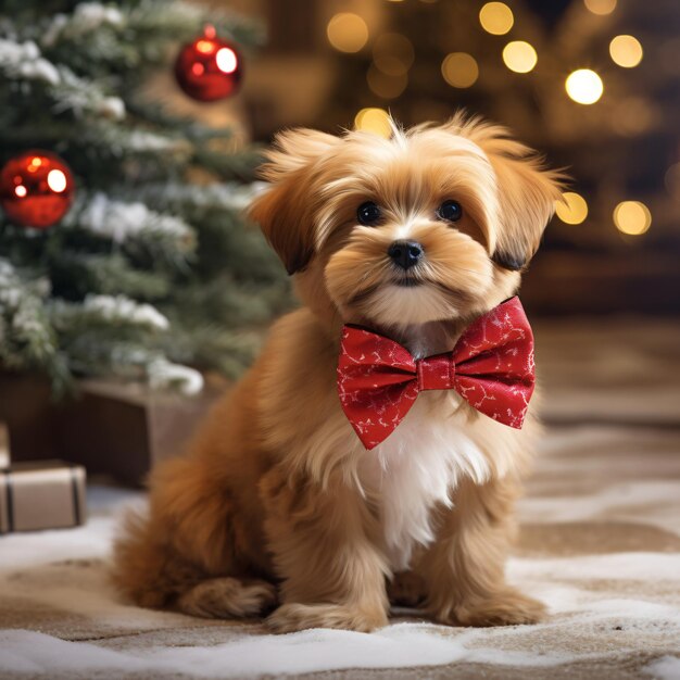 写真 クリスマスツリーの近くに座っている首に弓をつけたかわいい毛深い赤い犬
