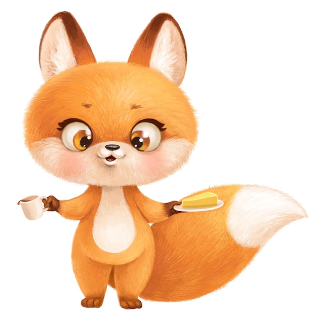 cute fluffy red fox with cup and pie on saucer