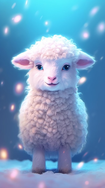 A cute fluffy sheep on a Blue neon lights background