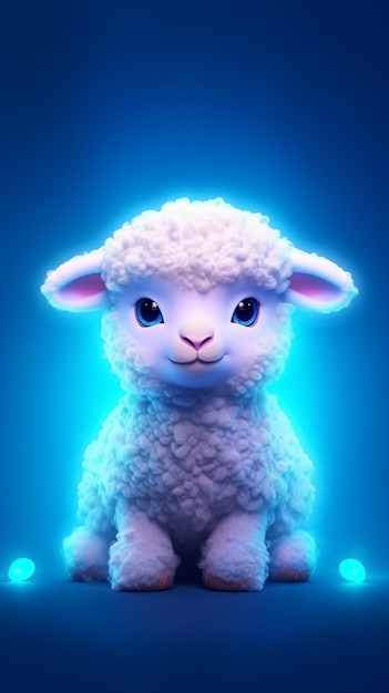 A cute fluffy sheep on a Blue neon lights background