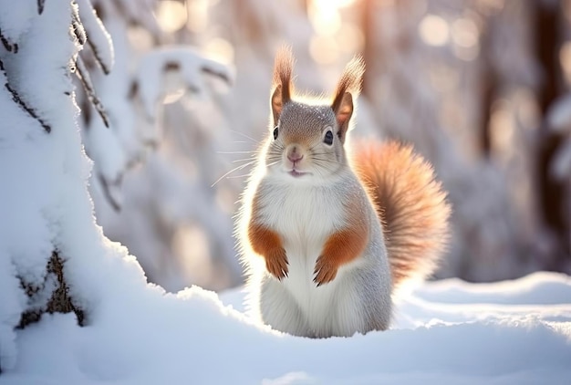 冬の森の白い雪の上のかわいいフワフワしたリス