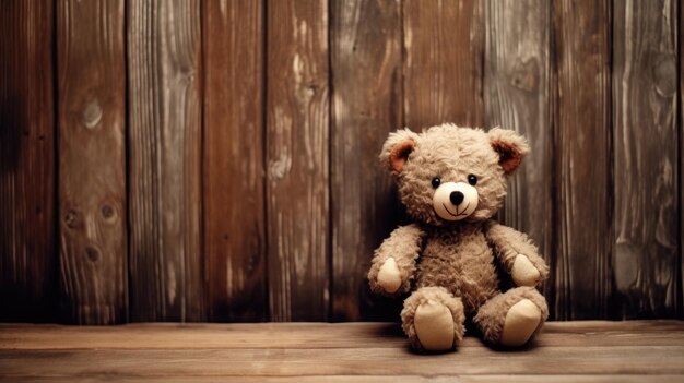 Photo cute fluffy teddy bear siiting on wooden background with copy space