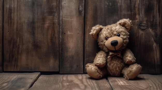 cute fluffy teddy bear siiting on wooden background with copy space