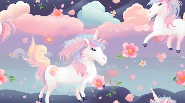 Cute fluffy unicorn flying in clouds seamless pattern