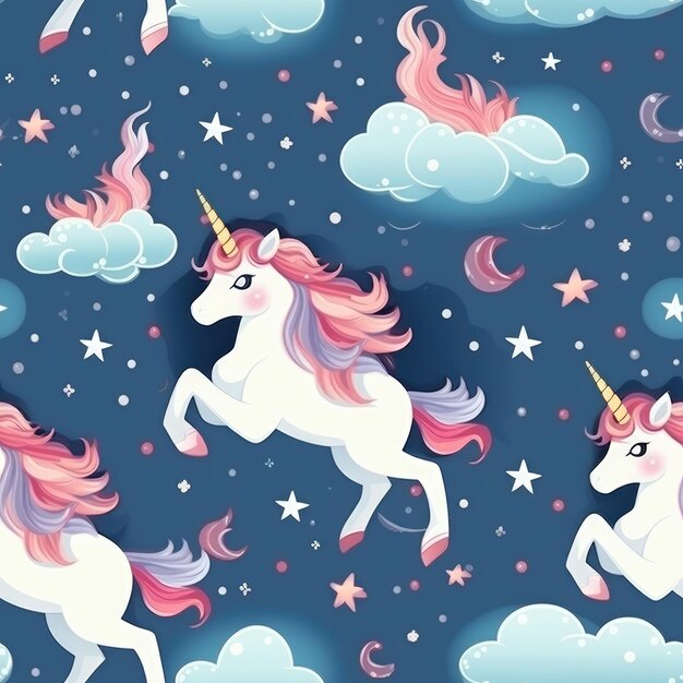 Cute fluffy unicorn flying in clouds seamless pattern