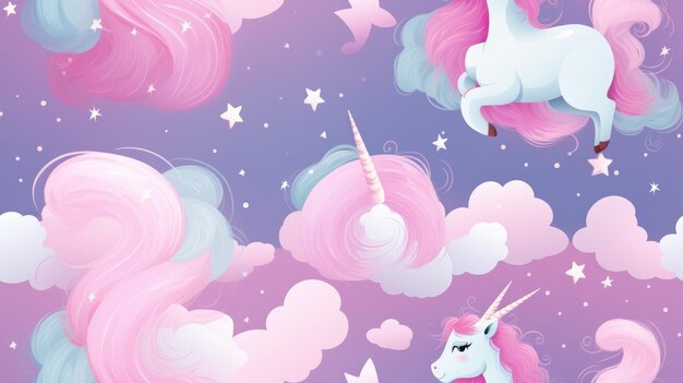 Cute fluffy unicorn flying in clouds seamless pattern
