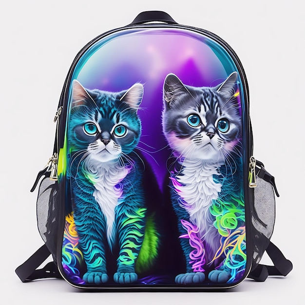 Cute fluffy vibrant cute cat sits inside a transparent backpack white background Generated AI