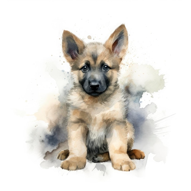 Cute fluffy watercolor of a German Shepard puppy on background Generate Ai