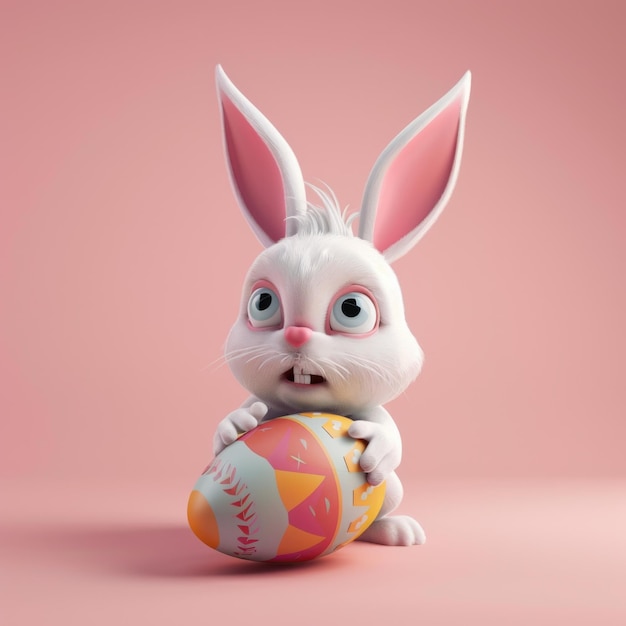 Cute fluffy white bunny holding a colorful Easter egg