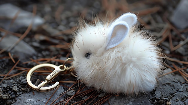 Photo cute and fluffy white bunny rabbit fur ball keychain on the ground with pine straw