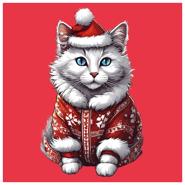 Foto simpatico gatto bianco soffice in un abito a tema natalizio con uno sfondo rosso