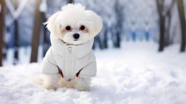 Cute fluffy white dog walking outside in the snowy forest in winter evening