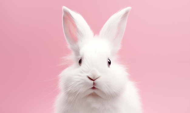 Cute fluffy white rabbit on a pink background Generated by artificial intelligence