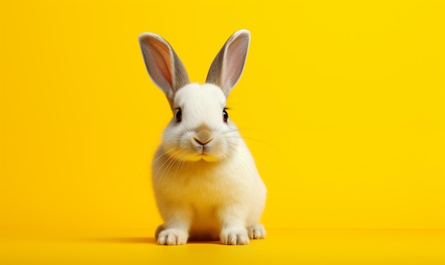 Cute fluffy white rabbit on a yellow background Generated by artificial intelligence