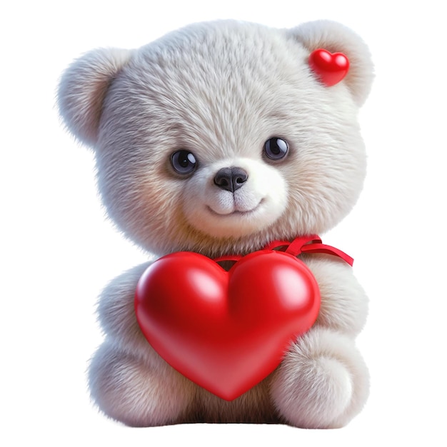 Милый пушистый белый плюшевый медведь с большим красным сердцем, изолированным на белом фоне.