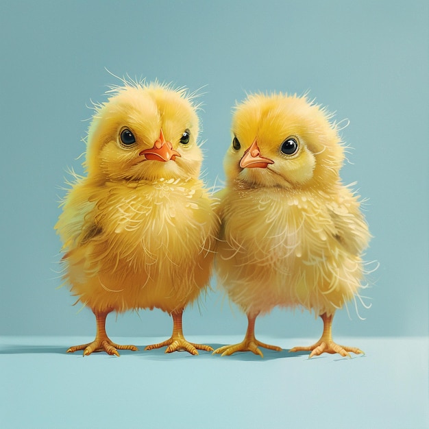 Foto un carino pollo giallo soffice su uno sfondo blu