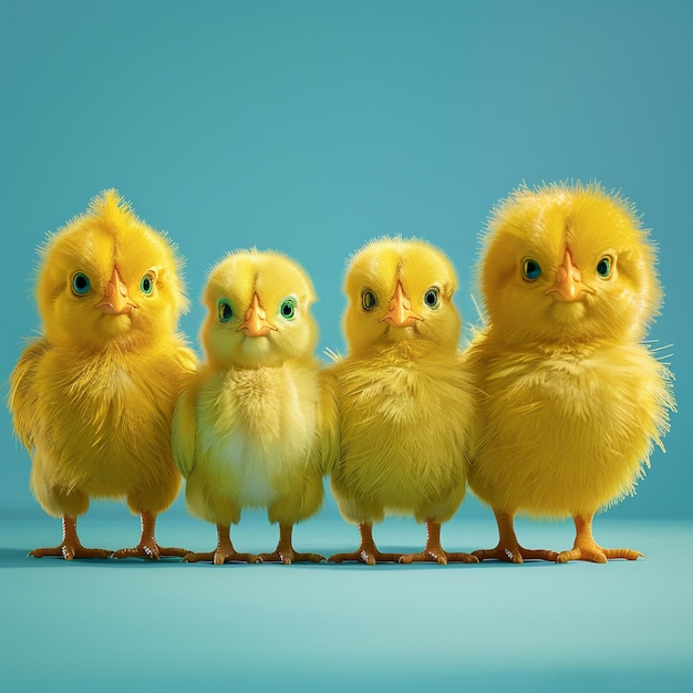 A cute fluffy yellow chickens on a blue background