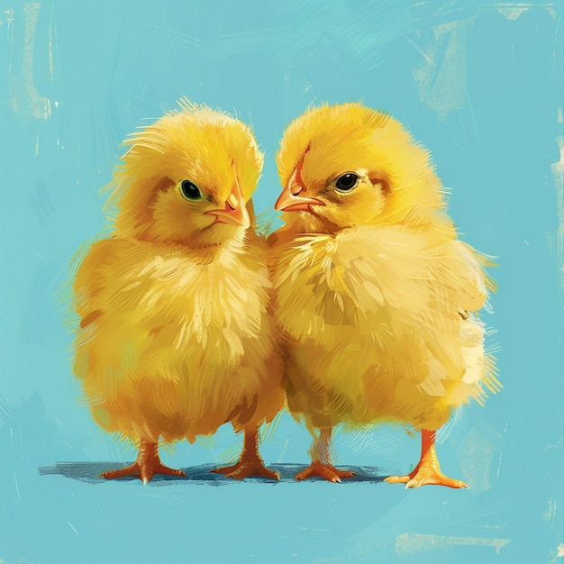 A cute fluffy yellow chickens on a blue background