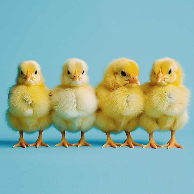 A cute fluffy yellow chickens on a blue backgroundd