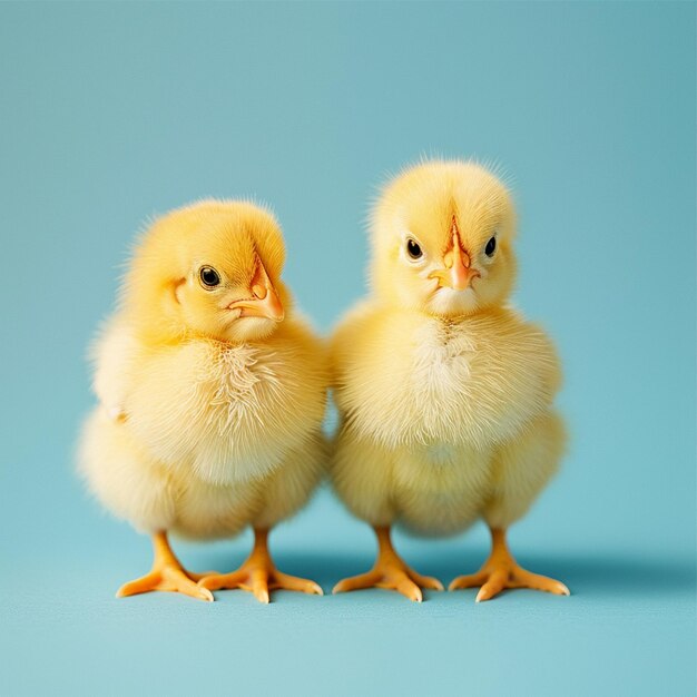 A cute fluffy yellow chickens on a blue backgroundd