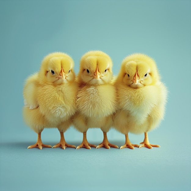 A cute fluffy yellow chickens on a blue backgroundd