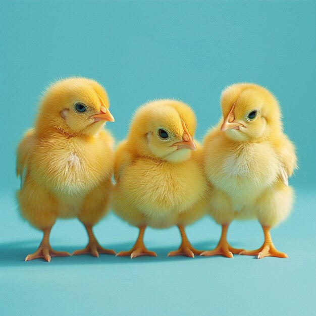 A cute fluffy yellow chickens on a blue backgroundd