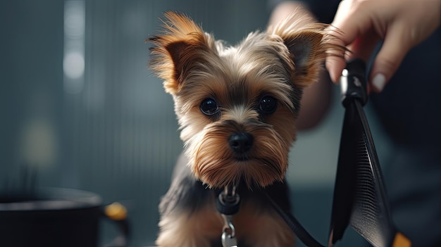 Cute flurry puppy being groomed by dog hairdresser Generative AI