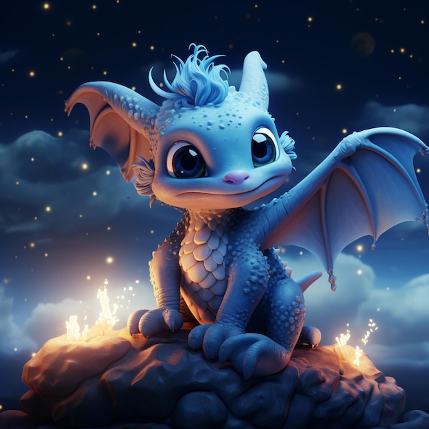 Cute flying dragon night sky distance images Generative AI