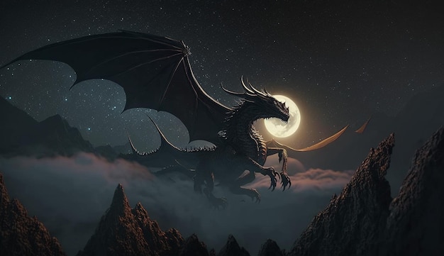 Photo cute flying dragon night sky distance images generative ai