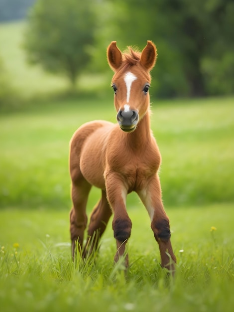 Foto un grazioso puledro che si diverte in un prato verde