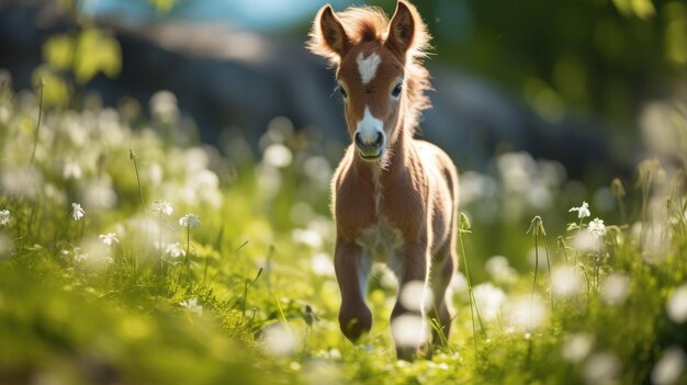 Cute foal walking through the meadow Generative AI