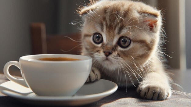 A cute foldeared cat put its paw on a cup of coffee