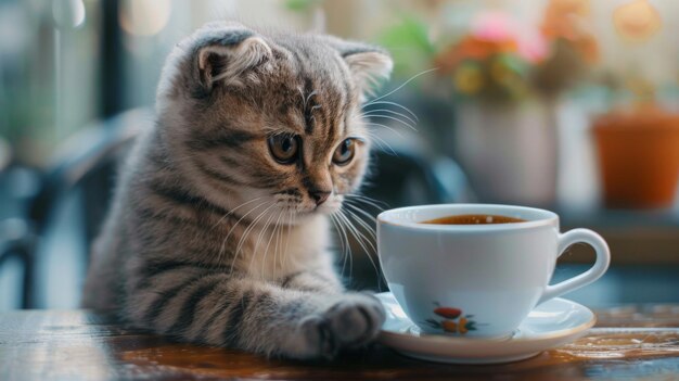 A cute foldeared cat put its paw on a cup of coffee