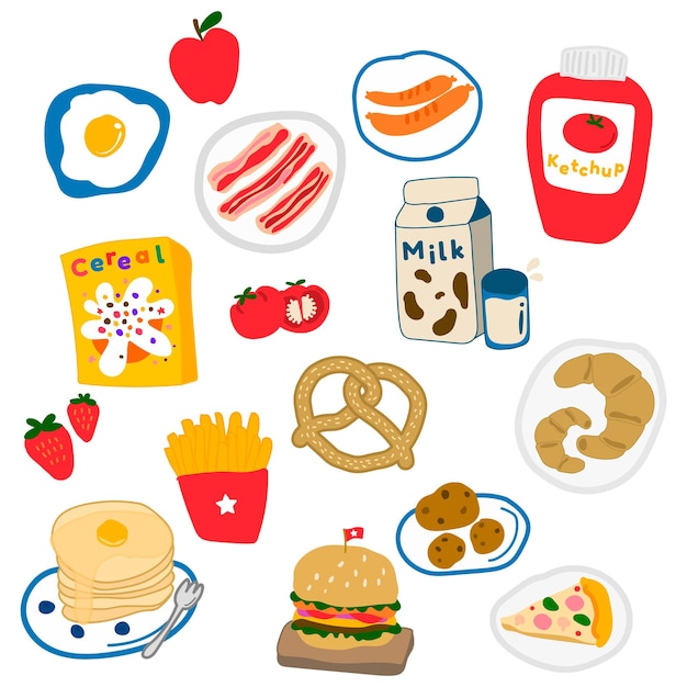 cute food doodle sticker design element set