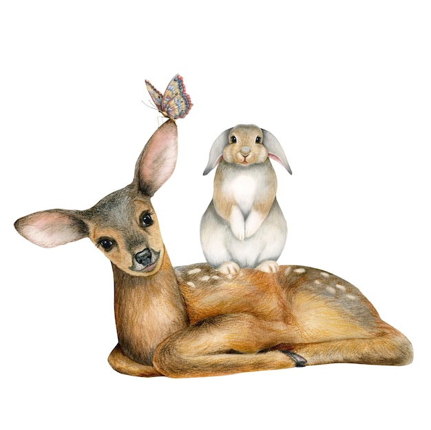 Cute forest animals sitting together, illustration with little deer, bunny and butterfly, baby room