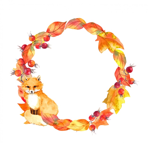 Cute fox in autumn leaves and berries. Autumn wreath. Watercolor circle border