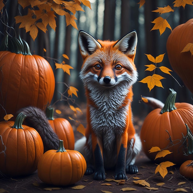 Cute fox character at home in the autumn forest surrounded by pumpkins