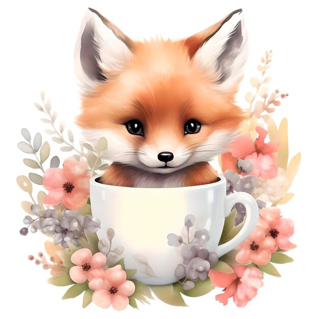 Cute fox in cup watercolor sublimation clipart Generative AI