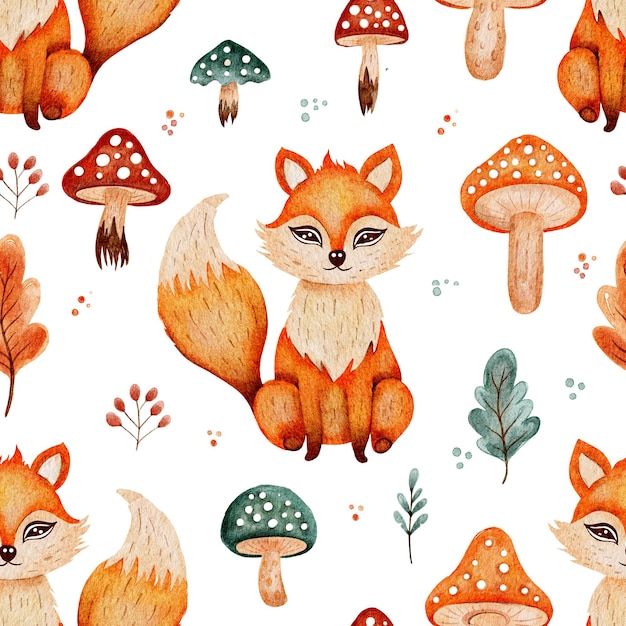 Cute fox forest flower watercolor seamless pattern among forest mushrooms